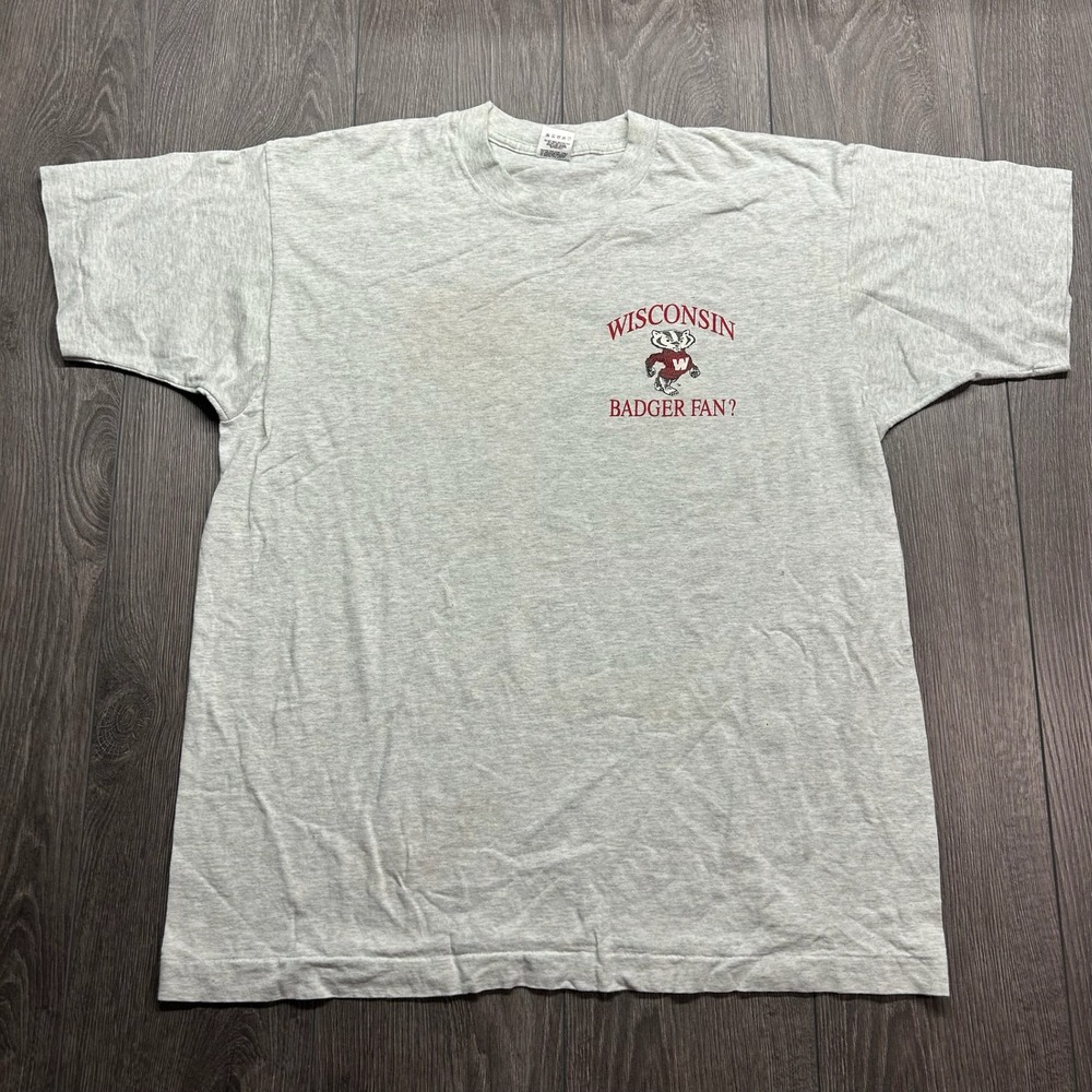Vintage Wisconsin Badger Fan T-Shirt XL Gray Ncaa Single Stitch 90s Sports